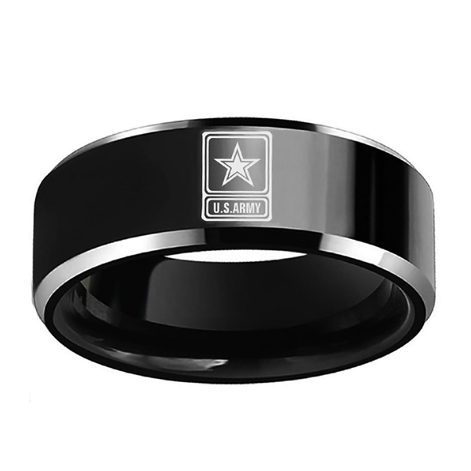 VHJdtE Rings, 8mm Dome & Flat Military Ring with Engraved Star Titanium Steel Veteran Marriage Jewellery for Men Women(Black,U)