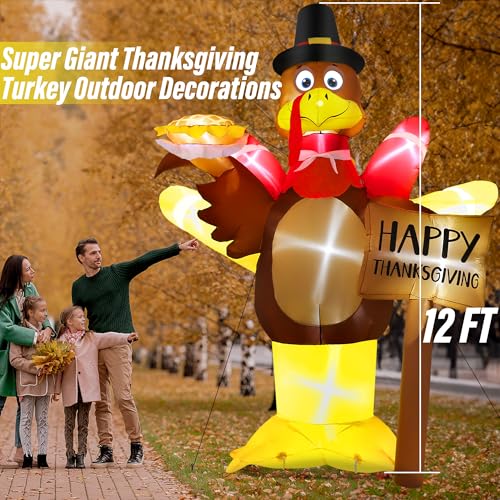 12FT Thanksgiving Inflatables, Super Huge Inflatable Turkey Holding Pumpkin Pie and Happy Thanksgiving Sign, Lighted Blow Up Turkey for Yard Decor Outdoor Lawn Garden Autumn Holiday Harvest by Melisheer - Image 2