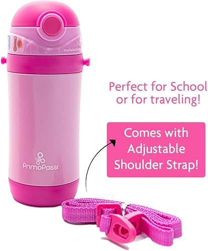 Miniatura 4 de Primo Passi - Botella de agua con pajilla aislada para niños, botella térmica de 12 onzas, color rosa