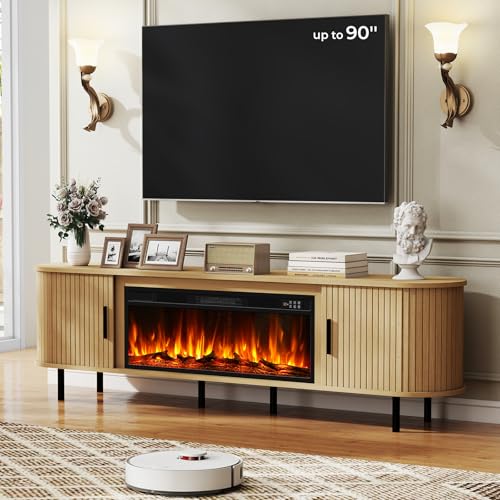 BREEZEHEAT 80" Fluted Fireplace TV Stand for TVs Up to 90, Entertainment Center with Electric Fireplace, Curved Modern Design, Media Console Cabinet f