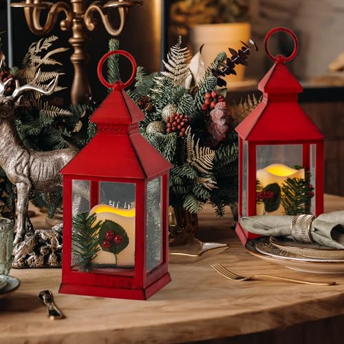 Yongmao Christmas Lantern Decorative with LED Candle Pine Holly Berry Red Decorative Hanging Lanterns for Indoor Outdoor Garden Christmas Home Decor(2 Pack)