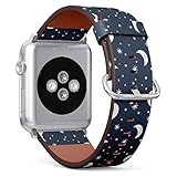 Compatible with Big Apple Watch 42mm, 44mm, 45mm (All Series) Leather Watch Wrist Band Strap Bracelet with Adapters (Moon Stars Night)