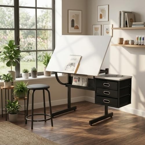 Drafting Table for Adults, Adjustable Height Drawing Desk with 3 Drawers, Art Desk with Tilting Tabletop for Sketching, Painting, Writing, Spacious Storage Design, Easy Assembly, Black White