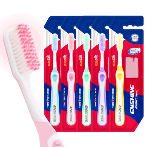 Image of Enshine Advance Clean+ Soft Toothbrush for Adults - Pack of 5 | Ultra Soft Tapered PBT Bristles | Tooth Brush Set with Non-Slip Grip | Manual Toothbrushes for Sensitive Gums & Enamel | Multi-Color