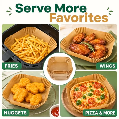 Image of Eightiz 100 PCS Air Fryer Paper Liners, Disposable Parchment Paper, Oil-Proof Non-Stick Baking Sheets for Air Fryer, Microwave, Baking, Roasting, Frying & Cooking (Square, 8 Inch).