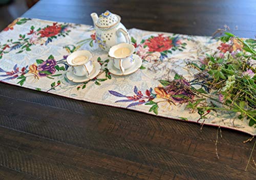 Dada Bedding Elegant Floral Blue Roses Tapestry Table Runner - Tropical Paradise Exotic Botanical Flowers Birds Nature Garden Berries - Multi-Colorful Linen Woven Kitchen Dining Mats - 13" X 54" #TOP3