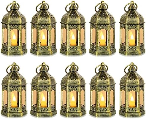 Mini Lantern with Flickering LED Candles Set of 10, Hewory Gold Vintage Decorative Hanging Candle Lanterns for Halloween, Christmas, Wedding Decorations, Party, Table Centerpiece, Battery Included