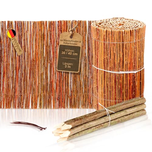 BOOGARDI Beeteinfassung Holz · Mini Gartenzaun Holz in 2 Größen · Rasenkante 40 cm hoch x 3 m lang · Garten Beetbegrenzung flexibel · Weidenzaun Beetumrandung für natürliche Zaun Rasenkanten
