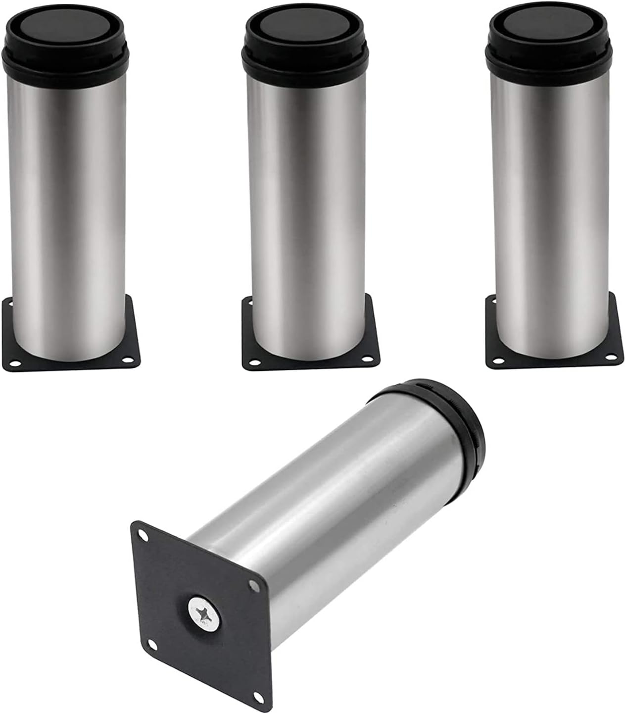 XMHF Furniture Cabinet Metal Legs Adjustable Stainless Steel Kitchen Feet Round Black and Silver 50 x 150mm Pack of 4