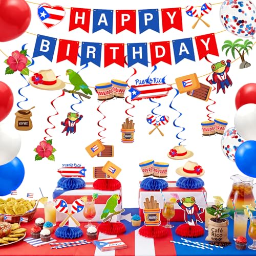 Epakh 43 Pcs Puerto Rico Birthday Party Decorations Set 3 Birthday Banner with Island Symbols 8 Hanging Swirls 8 Honeycomb Centerpieces 24 Red White Blue Balloons for Patriotic Party Decors by Epakh - Used condition - Image 5