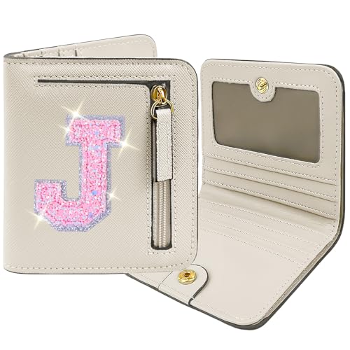Image of COSHAYSOO Initial Wallet RFID Small Bifold Slim Letter Wallet for Women Teenager Girls Travel Daily Necessities Credit Cards Money Cash Coin Organizer, Cream, Compact, J