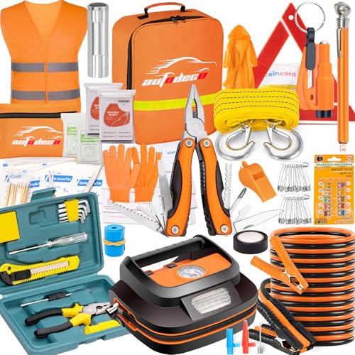 AUTODECO 131 Pieces Car Emergency Safety Kit Bag with Air Compressor Jumper Cable Tire Pressure...