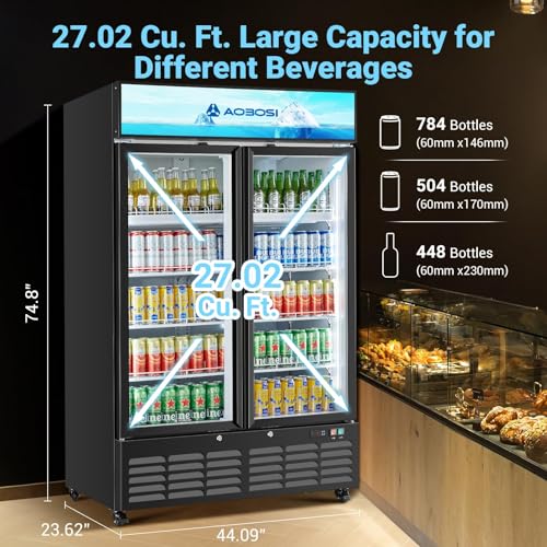Image of AAOBOSI Commercial Beverage Refrigerator, 27.02 Cu.Ft Double Glass Door Beverage Fridge, Upright Drink Cooler with Soft LED Light,Adjustable Shelves, Perfect for Home Bar, Patio, Garage, Black