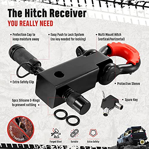 Motormic Unique Shackle Hitch Receiver 2” + 5/8" Trailer Lock Pin and 3/4" D Shackle (35,000 lbs Max Capacity) – Heavy Duty Off Road Recovery Black D Ring with 4 washers + Red Isolator for Towing
