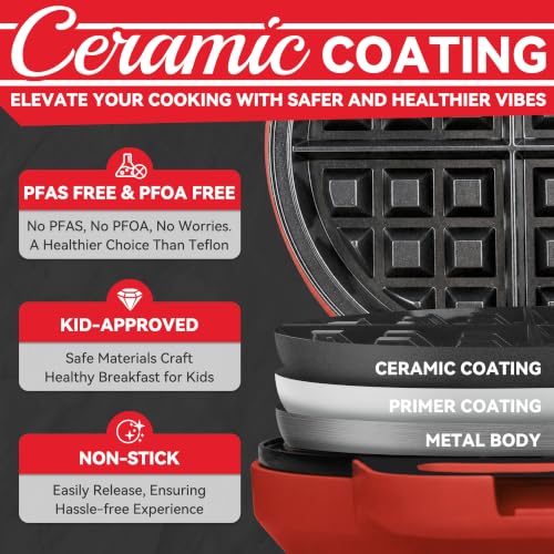 Image of SugarWhisk 6-Inch Flip Belgian Waffle Maker, Ceramic Nonstick,Red | 180 Flip Waffle Iron, 750W Heat, PFAS-Free Ceramic Plates, Cool-Touch Handle, Safety Lock, Batter Groove & Upright Storage