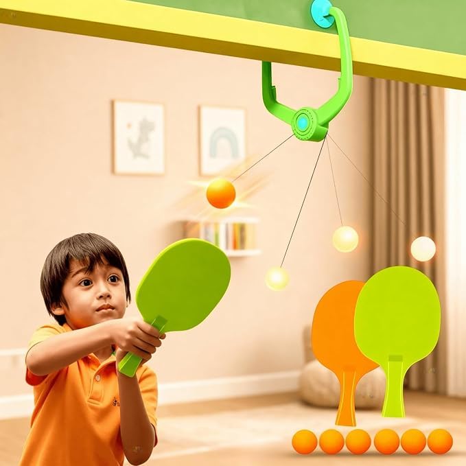 SHIVSHAMS KITCHENWARE Door Frame Clamping Hanging Table Tennis Trainer Set Toy for Kids Self Training Adjustable Height Indoor Gaming Fun with 2 Rackets 5 Ping Pong Balls-image-22