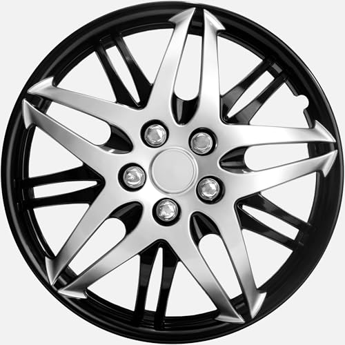 Image of LYDS Superstar Black & Silver Universal 15 inch Premium ABS Hubcap Wheel Cover Replacement Set of 4 - KWC-15C-BLK