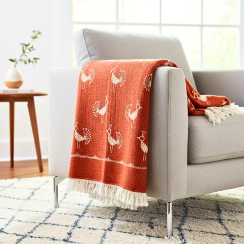 Image of Rajasthani Mandana Throw Blanket - Sacred Geometry Crow & Poppy Print, Hand-Block Cotton Bedspread /Sofa Cover - 50x60 inch, Bohemian Indian Wall Tapestry