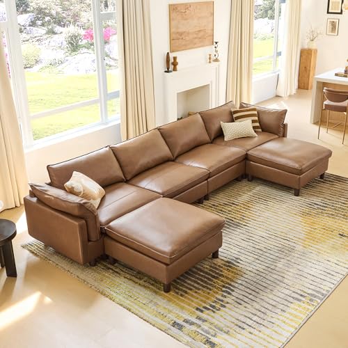 CHITA 161" Super Large Sectional Couches for Living Room, Modular Cloud Couch Sectional Sofa, Premium Genuine Leather Sofa, Down Filled, High Density Foam, Real Leather in Saddle, 6 Seat U Shaped