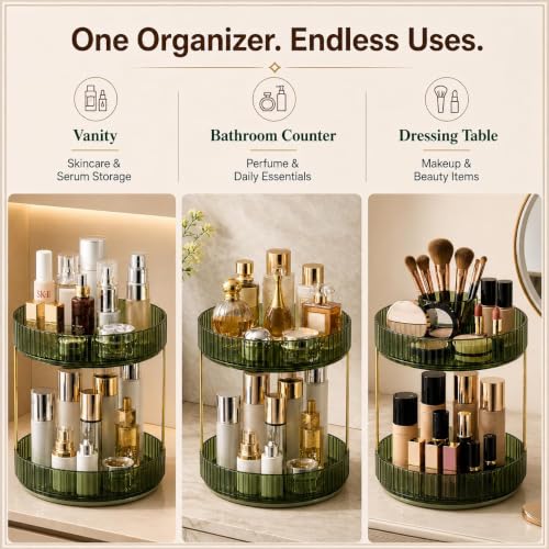 Image of MECHDEL Makeup Organiser Box with Drawers, Perfume, Cosmetic and Skincare Storage Stand, Dressing Table Organiser for Lipstick, Nail Polish (360 Rotating-Transparent Green, 3 Tier)