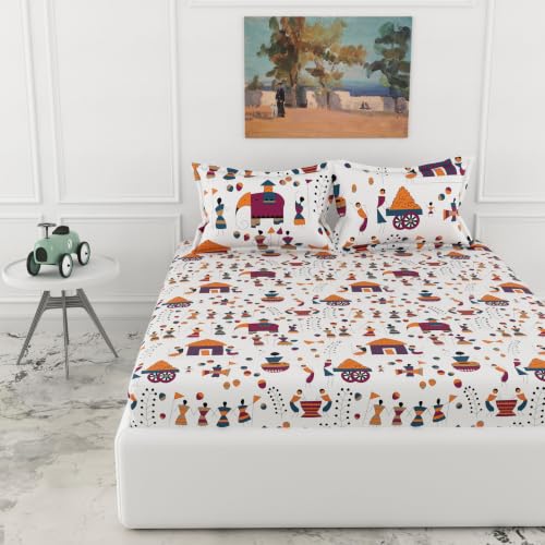 Image of LORETO - A QUALITY LINEN BRAND 186 TC 100% Pure Cotton King Size Fitted Bedsheet with 2 Pillow Covers for 78 x 72 Inch Mattress, All-Around Elastic, 8 Inch Deep Pocket, Tribal Motifs