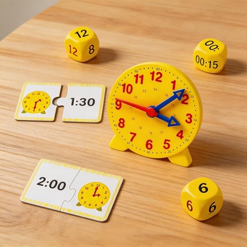 PDirat Lernuhr Grundschule, Lernuhr, Demonstrationsuhr Modell, Geschenke zur Lernuhren für Junge Mädchen, 1 Set mit 3 Würfeln und 12 Zeitkarten