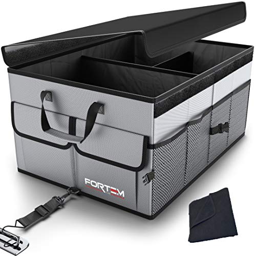 FORTEM Organizador de Maletero para Coche, Caja de Almacenamiento Plegable con Compartimentos, Base Antideslizante, Correas, Bolsillos (Gris, Organizador con Tapa)