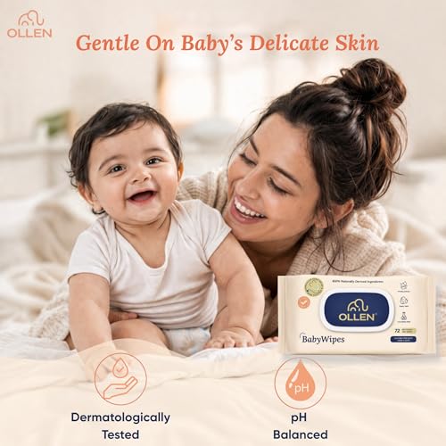 Image of OLLEN Extra Thick Baby Wipes with Lid | Water-Based, Unscented & Gentle on Skin | Plant-Based Fabric | Aloe Vera & Chamomile (Pack of 3)