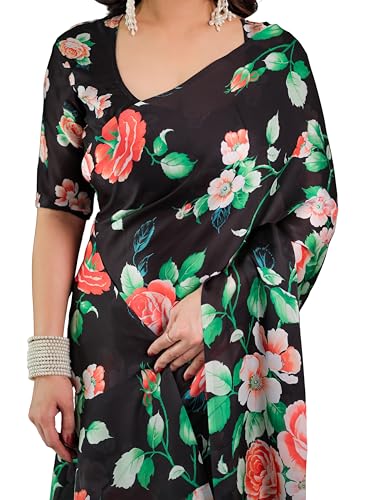 Image of ALMAARI FASHION Satin Georgette Floral Printed Saree with Blouse, 5.5 Meter Saree with 0.8 Meter Blouse, Traditional (SG 119 H)
