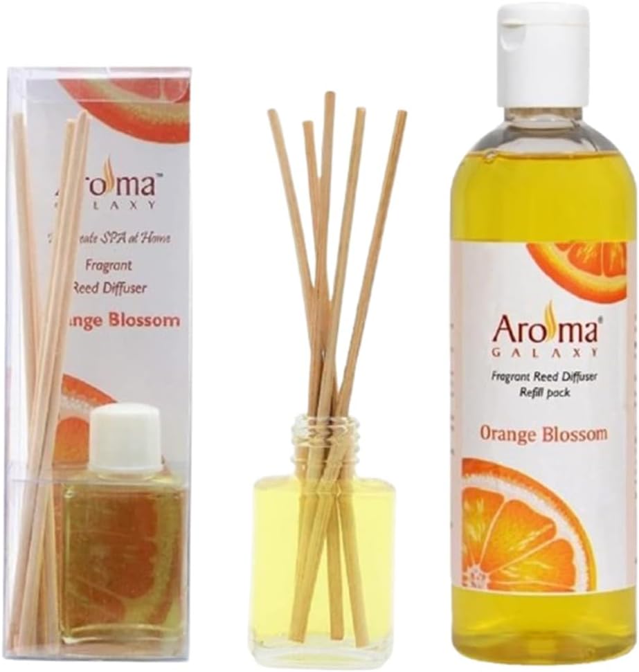 Orange Blossom Reed Diffuser Set, 7.7 Oz (1 Oz + 6.7 Oz) Set with Refill Pack Scented Diffuser with 6 Sticks Home Fragrance Reed Diffuser for Bathroom Shelf Decor