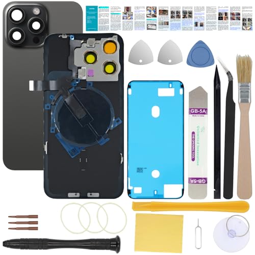 UooFide Rear Back Glass Replacement Cover Compatible with iPhone 15 Pro Max 6.7-Inches All Carriers +Pre-Installed Plate +Wireless Charging Coil Flex Cable +Flashlight +Microphone +Camera Frame(Black)