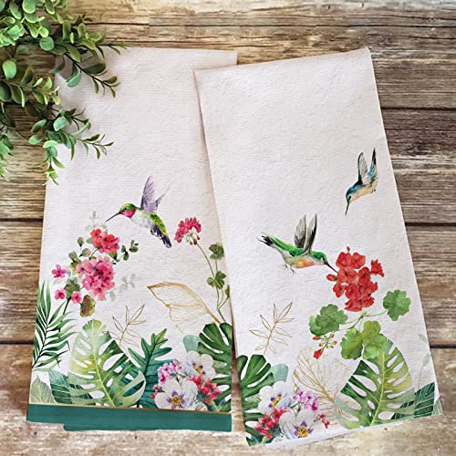 Seliem Summer Hummingbird Geranium Flower Bird Kitchen Dish Towel 2 Pack, Tropical Palm Leaf Monstera Plant Floral Hand Drying Baking Cloth, Spring Botanical Greenery Green Decor Home Decoration 18X26 #TOP3