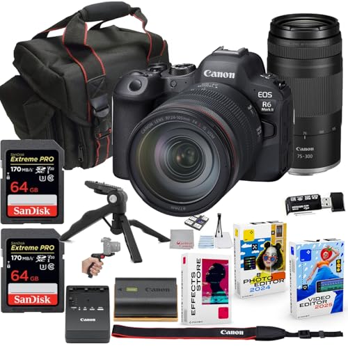 Canon EOS R6 Mark II �~���[���X�J���� RF 24-105mm USM & 75-300mm �����Y�o���h�� + 2X 64GB �G�N�X�g���[���������[�J�[�h�A�N�Z�T���[�L�b�g �o�b�O�A�n���h�O���b�v�O�r�A�\�t�g�E�F�A�p�b�P�[�W�t��