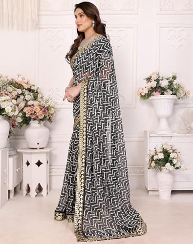 Image of Yashika Women's Printed Georgette Printed Saree With Lace Border and Blouse Material