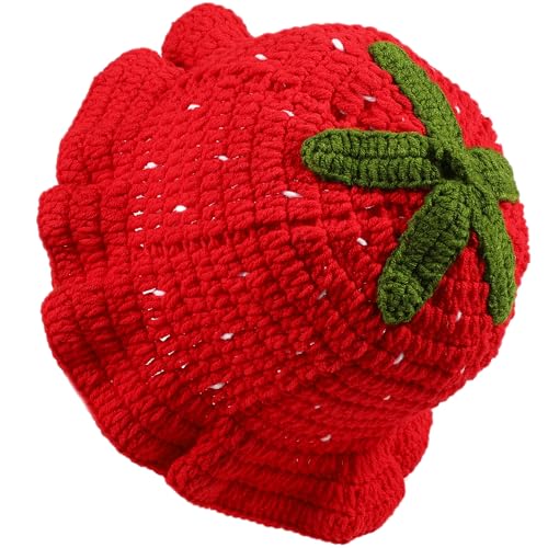 Ahouws Crochet Bucket Hat Women Trendy Knit Floppy Cap Cute Boho Handmade Beanies Outdoor Boho Travel Fishing Hat (US Numeric 7 7 1/4 Red Strawberry)