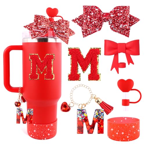 Lingdeer Red Cup Accessories Set for Stanley 30OZ & 40OZ Tumbler with Handle, Letter Charms, Bow & Diamond Straw Covers, Glitter Silicone Boot, Personalized Sticker for Stanley Cup Accessories (M)