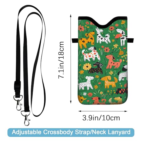 Image of Neoprene Cell Phone Sleeve Pouch Case Bag with Crossbody Strap Neck Lanyard for Women 7.1 X 3.9 in Green Dog