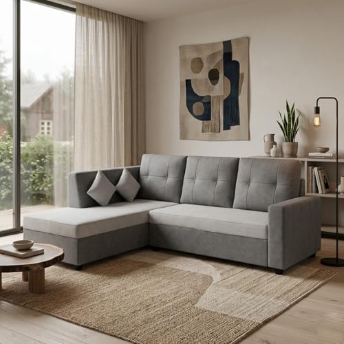 Image of FURNY Nathan 4 Seater L Shape Sofa Set LHS (Light Grey-Dark Grey) | Suede Velvet Finish | Durable Comfort Sofa for Modern Living Room & Office Spaces