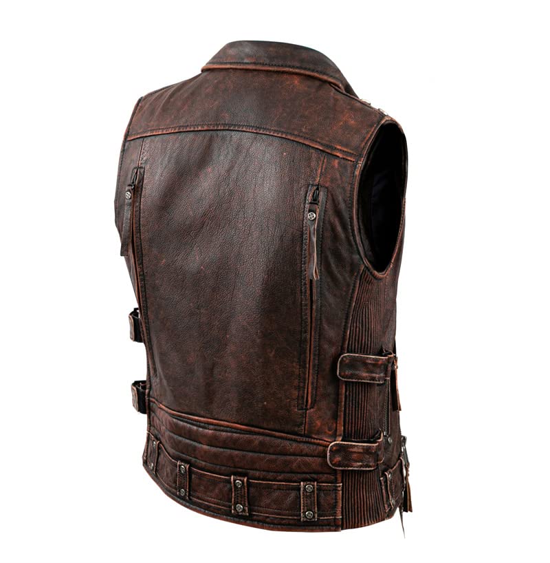 Chaleco vintage sin mangas con cremallera para hombre, chaleco de cuero vacuno genuino