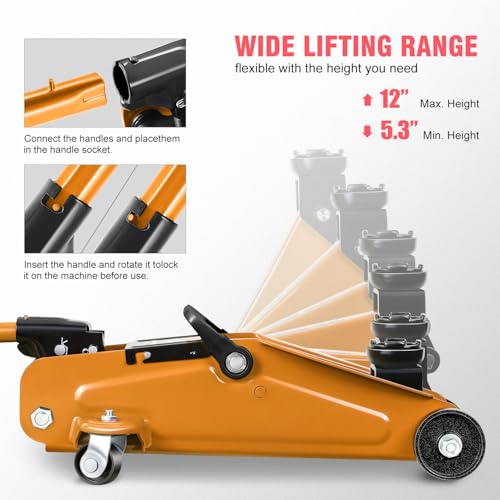 Image of PM PERFORMOTOR Low Profile Hydraulic Trolley Service /Floor Jack, 1.5 Ton (3000 lbs) Capacity, Lifting Range 5.3 inch-12 inch,Orange,PM-TOL-FJ15-OG