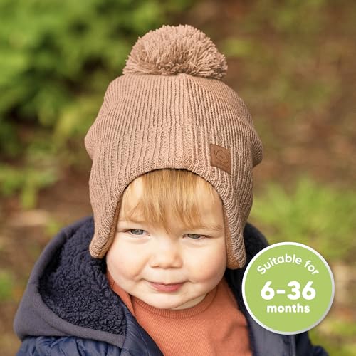 Image of Baby Beanie Winter Hat 6-36 Months - Cute Pom Winter Baby Hats with Earflaps, Soft & Stretchy Knit Toddler Beanies for Infant, Newborn 6-36 Months Boys, Girls, Cozy, Warm Fall Essentials (Dune, M)