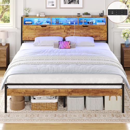 Brinlawb Cadre de Lit 160x200 avec Sommier Métal lit 2 Personnes avec Lumières LED et Multiprise (2 Prises AC, 1 Port USB-A, 1 USB-C) Lit 160x200 avec...