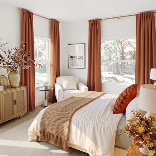INOVADAY 100% Blackout Curtains 96 Inches Length 2 Panels Set, Back Tab/Rod Pocket Linen Black Out Curtains for Bedroom, Thermal Insulated Window Drapes - Burnt Orange, W50 X L96