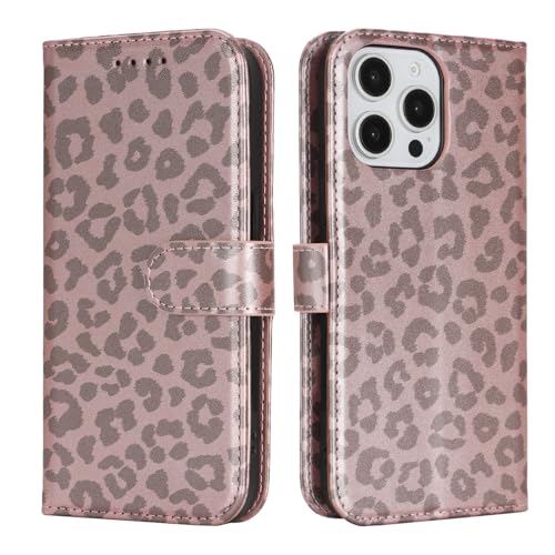Image of for iPhone 13 Pro Max Case Wallet with Card Holder,for iPhone 12 Pro Max Wallet Case for Women Men,PU Leather Shockproof Magnetic Buckle Stand Flip Phone Case-Rose Gold Leopard