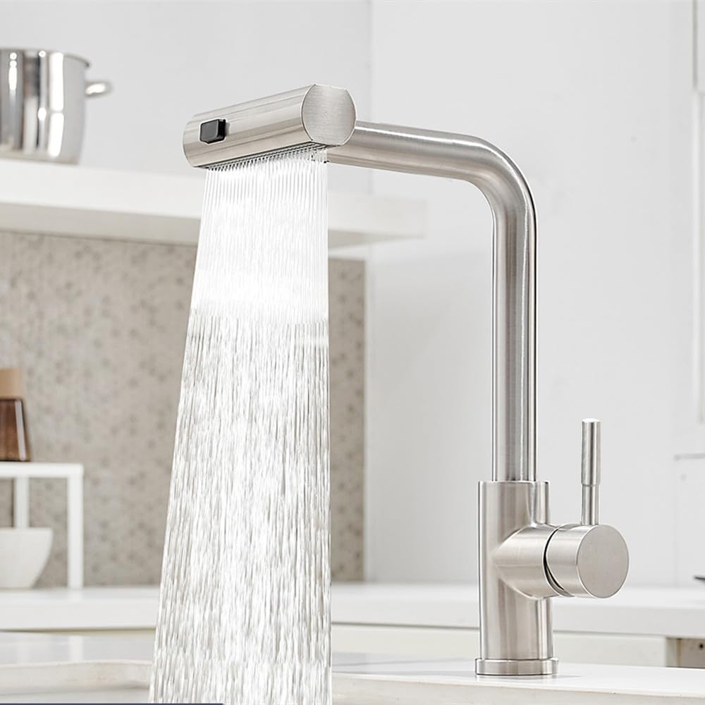 Robinet de cuisine extractible anti-éclaboussures jet cascade en inox