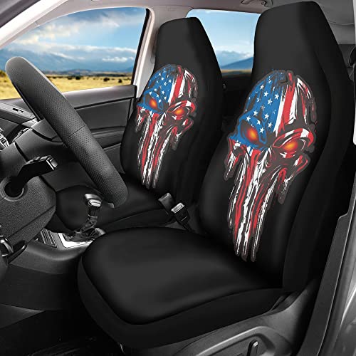 FEIONAGY American Flag Skull Patriotic 2pcs Car Seat Covers, Front Auto Seat Cover Protectors, Universal Fit for Most Car, Truck, SUV and Van
