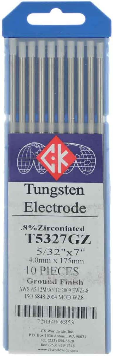 CK T5327GZ 0.8% Zirconiated Tungsten Electrode 5/32" X 7", 10 Pack