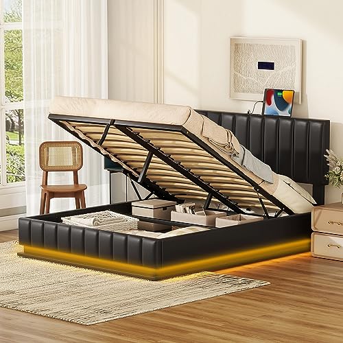 Tilly Lin Queen Size Upholstered Bed with Hydraulic Storage System and LED Light, Modern Platform Bed with Button-Tufted Design Headboard, Gray