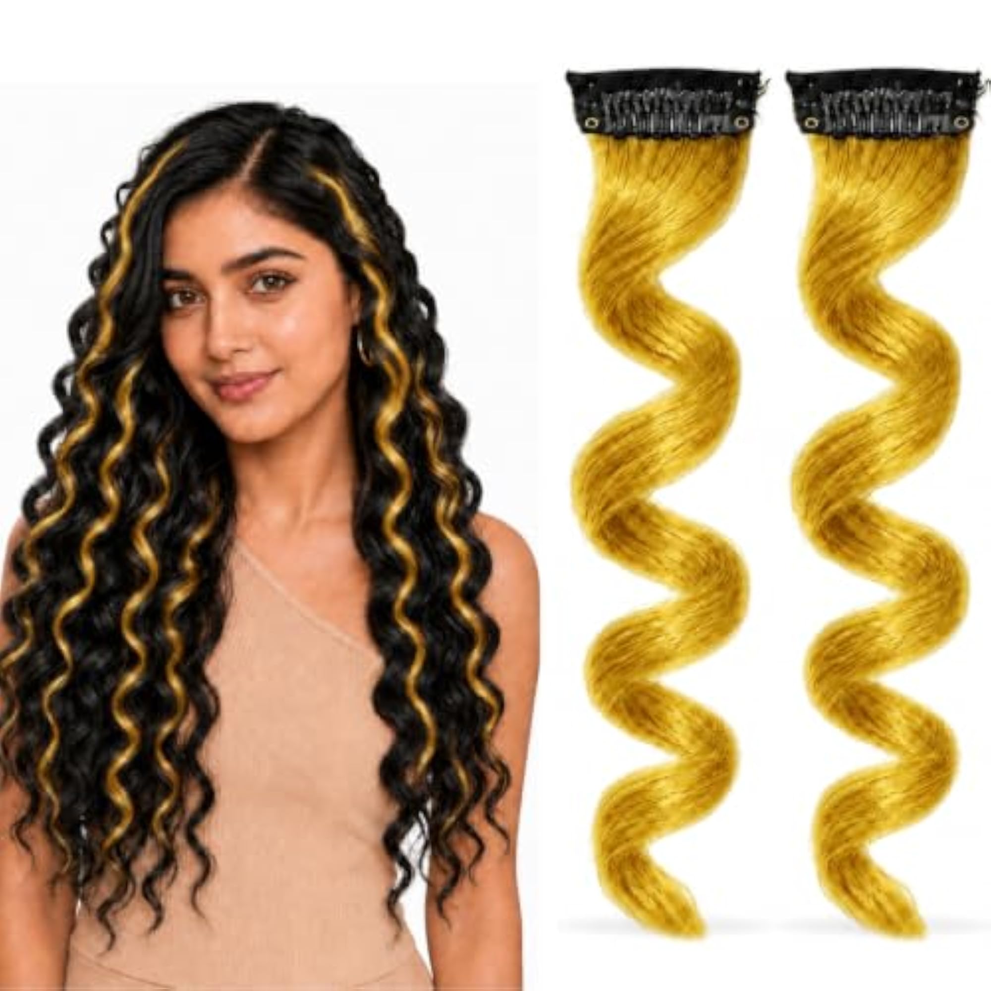 21 Inch Curly Colored Hair Streak Clip-On Extensions