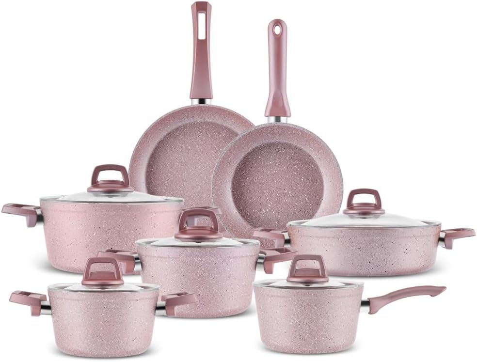 Karaca Bio Granite Induction Cookware Set with Lids - Non Stick Pots and Pans Sets - Durable Fireproof Kitchen Set for Enhanced Cooking Experience - PFOA Free (12 Piece, Rosegold)